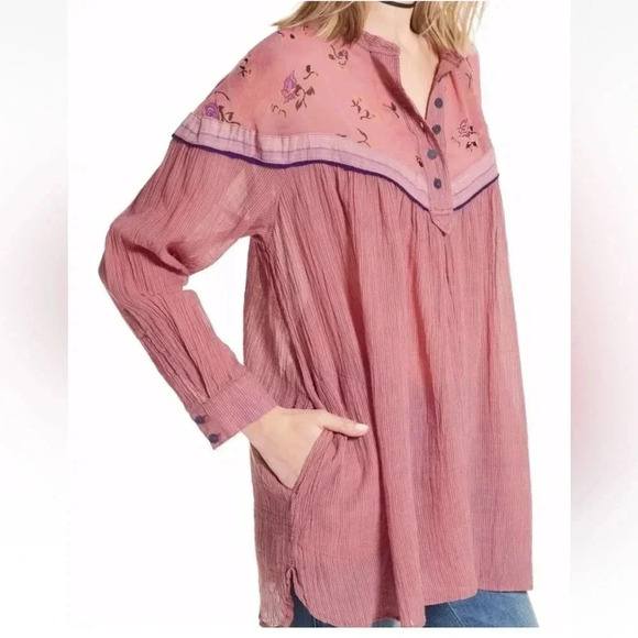 NWT FREE PEOPLE SZM HEARTS & COLORS BUTTON FRONT LONG SLEEVE BOHO CHIC - Picture 2 of 8